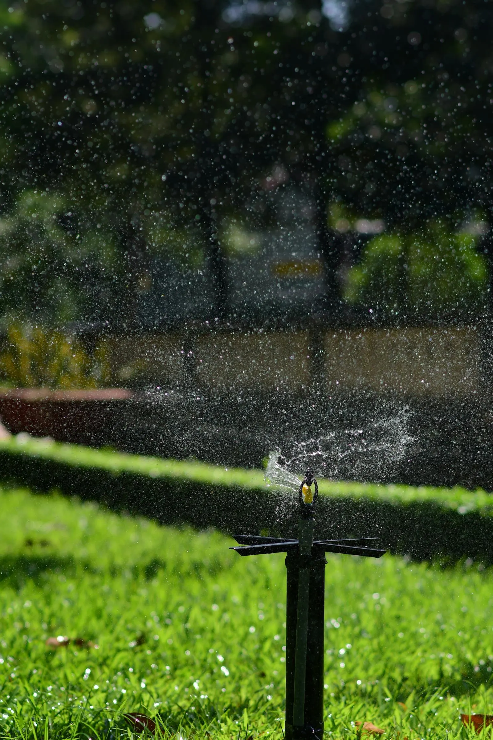Drip-and-spray irrigation working a low-desert planting bed at golden hour.